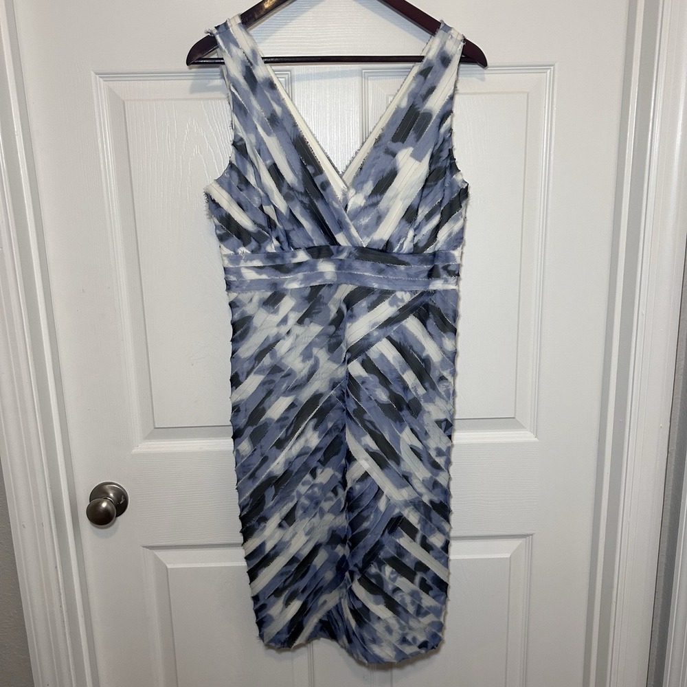 Ann Taylor Cocktail Dress Blue Abstract V-Neck Sleeveless Textured Petite 12P